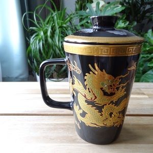 Porcelain Gold and Black Dragon Tea Mug with Lid